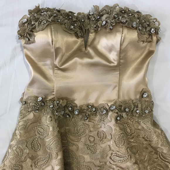 Gold Lace Peplum Gown Size 4 - Picture 8 of 10